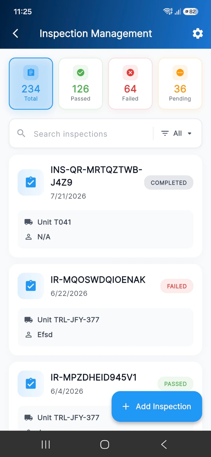 FleetRabbit AI inspection management app showing inspection totals, pass and fail counts, and recent inspection records