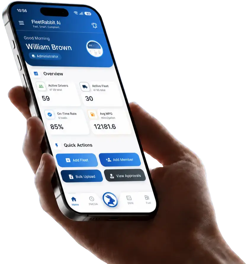 FleetRabbit AI fleet operations dashboard shown on a phone held in a hand