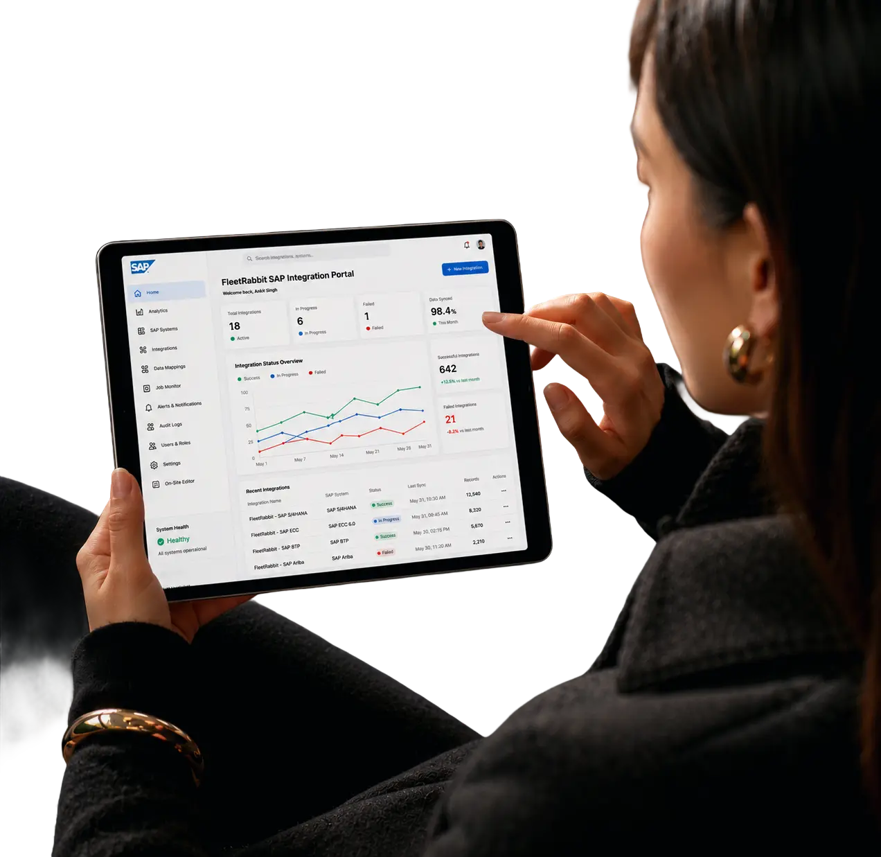 Fleet manager reviewing the FleetRabbit SAP Integration Portal on a tablet