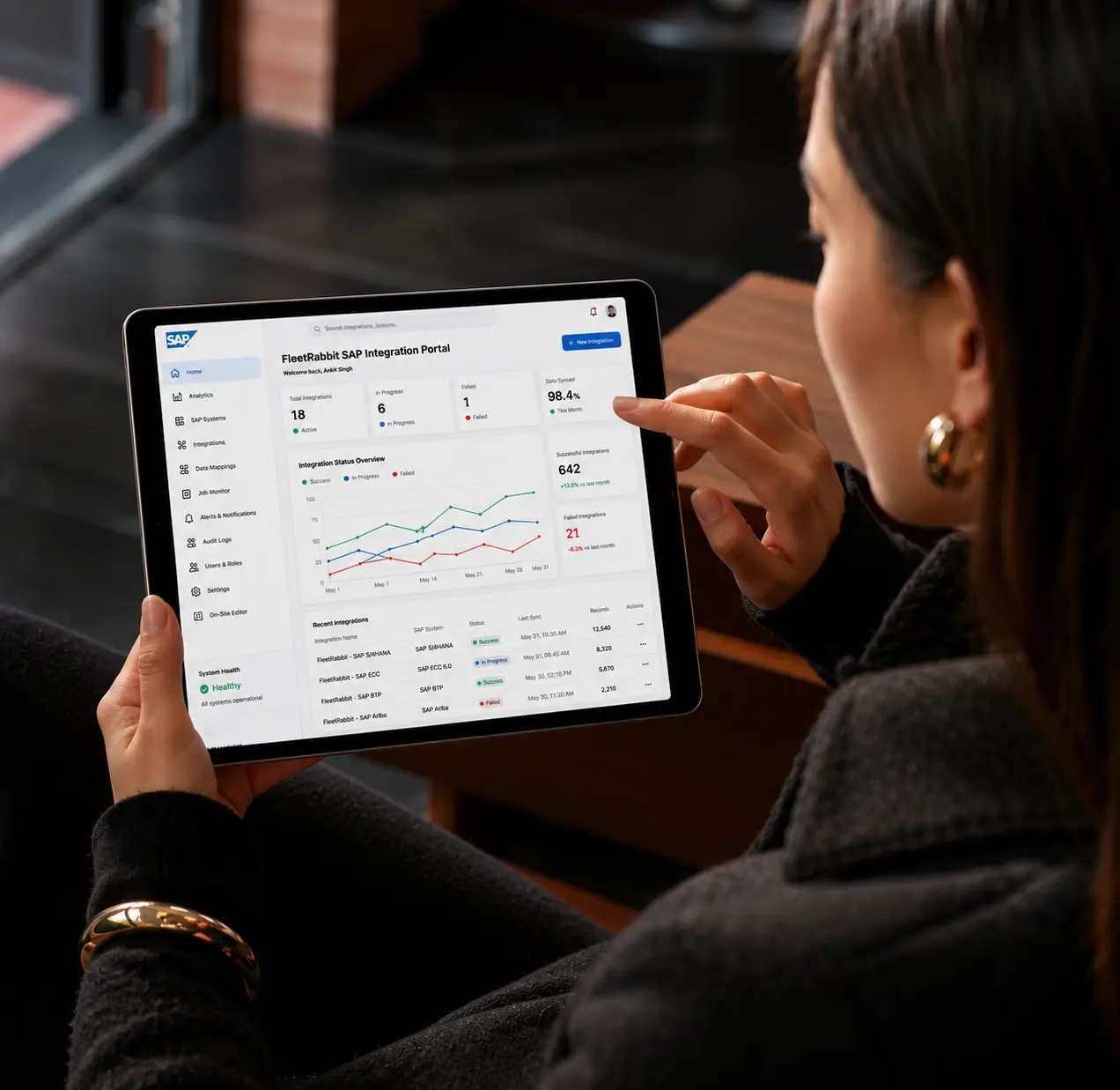 Fleet manager reviewing the FleetRabbit SAP Integration Portal on a tablet