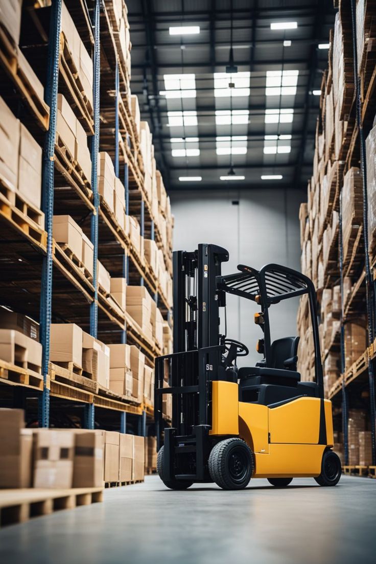 Electric forklift in a warehouse aisle