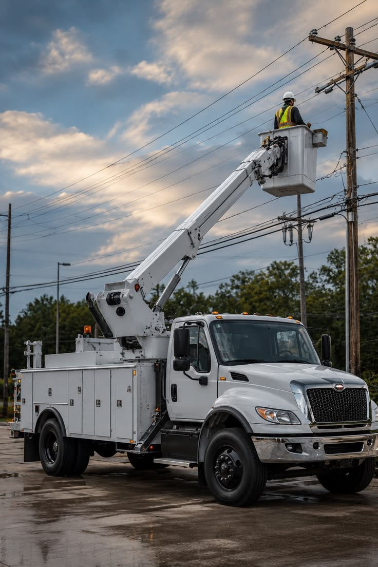 Bucket truck with a lineman at work